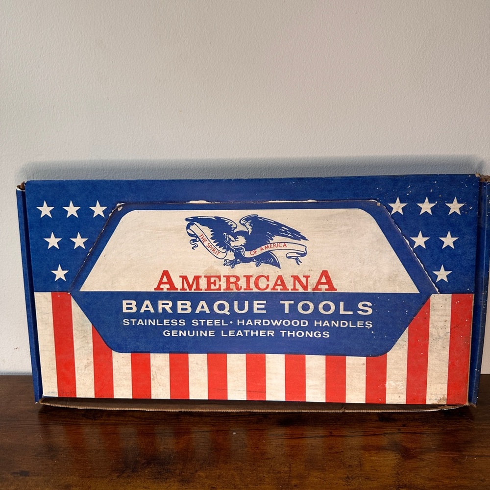 Vintage AMERICANA BBQ Tool Set – Stainless Steel, Hardwood Handles, Original Box